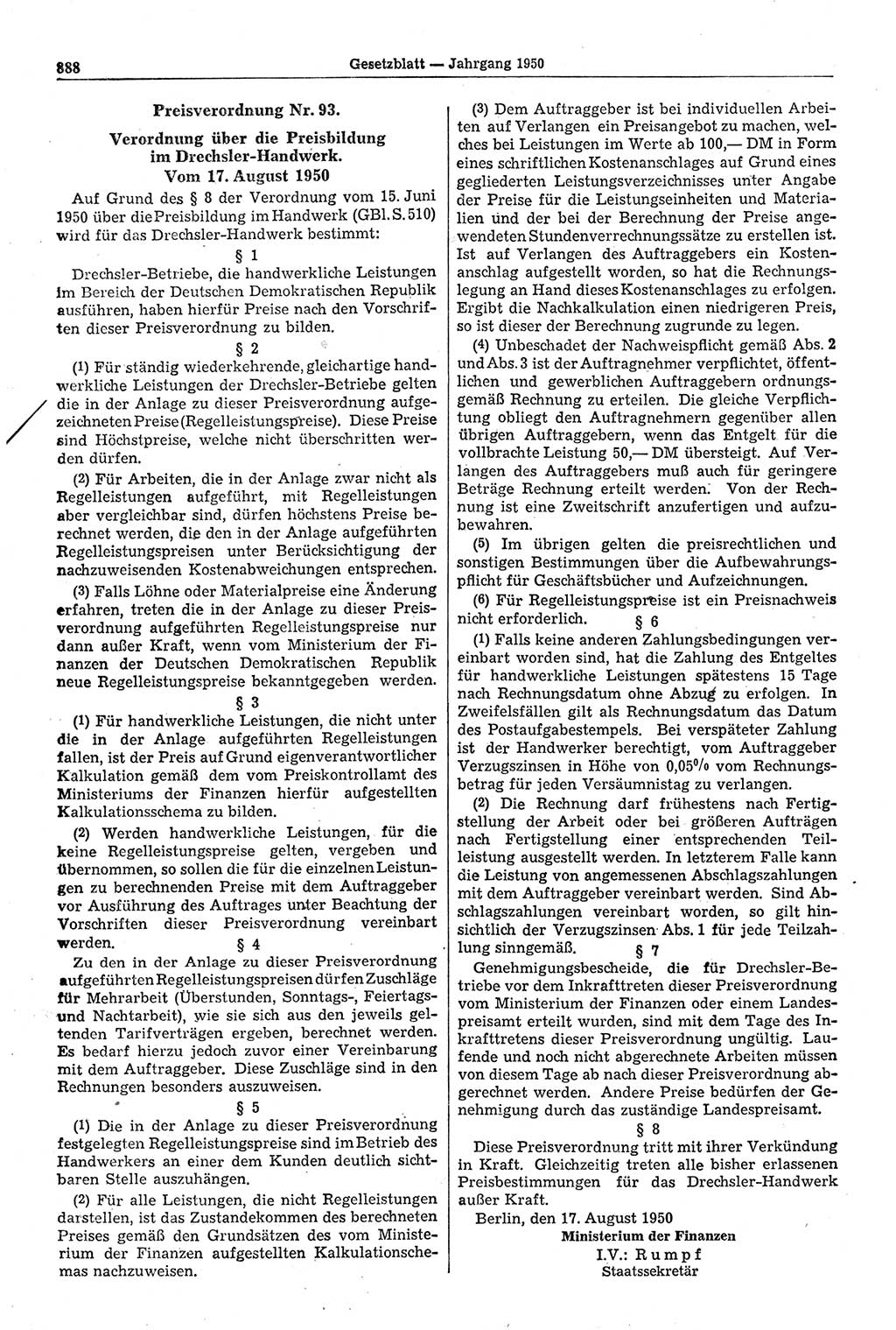 Gesetzblatt (GBl.) der Deutschen Demokratischen Republik (DDR) 1950, Seite 888 (GBl. DDR 1950, S. 888)