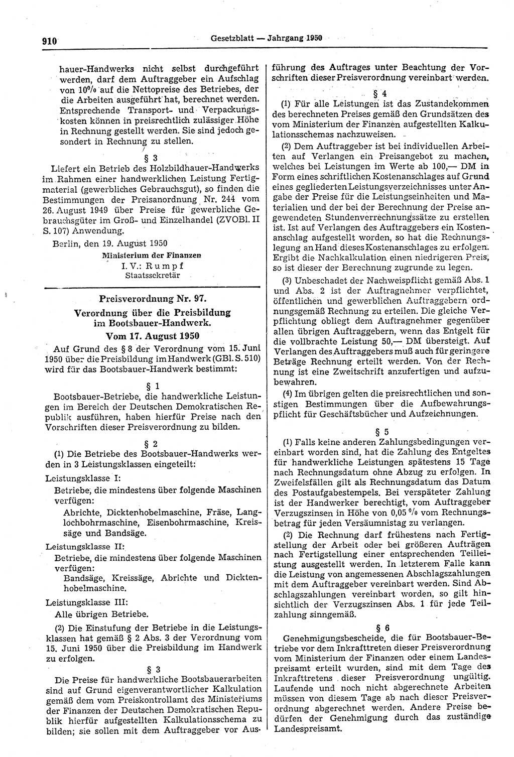 Gesetzblatt (GBl.) der Deutschen Demokratischen Republik (DDR) 1950, Seite 910 (GBl. DDR 1950, S. 910)