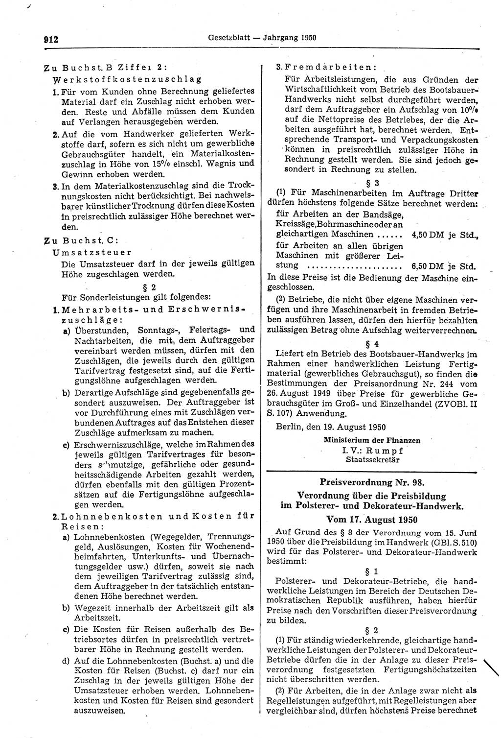 Gesetzblatt (GBl.) der Deutschen Demokratischen Republik (DDR) 1950, Seite 912 (GBl. DDR 1950, S. 912)
