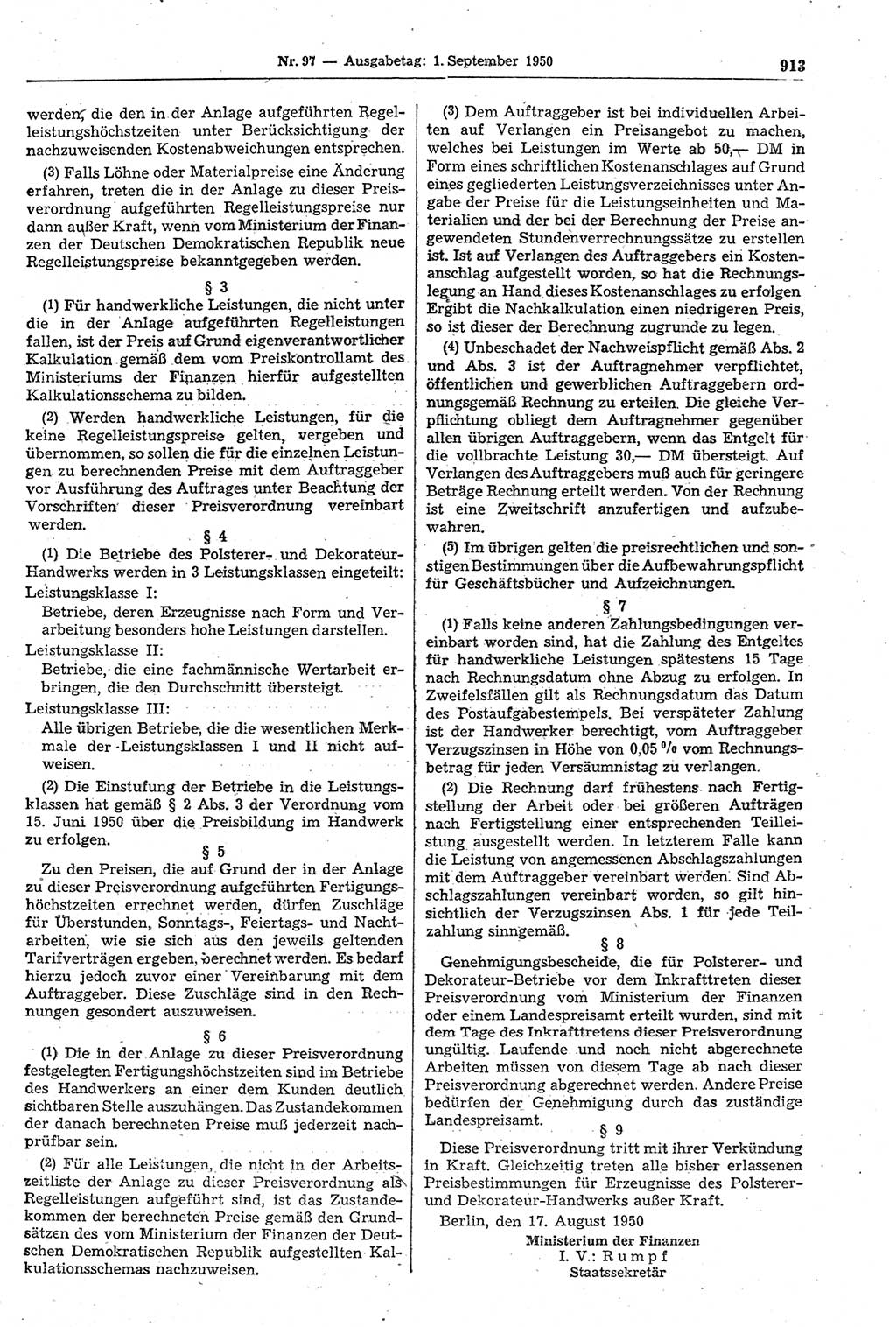 Gesetzblatt (GBl.) der Deutschen Demokratischen Republik (DDR) 1950, Seite 913 (GBl. DDR 1950, S. 913)