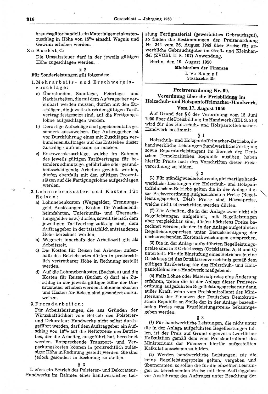 Gesetzblatt (GBl.) der Deutschen Demokratischen Republik (DDR) 1950, Seite 916 (GBl. DDR 1950, S. 916)