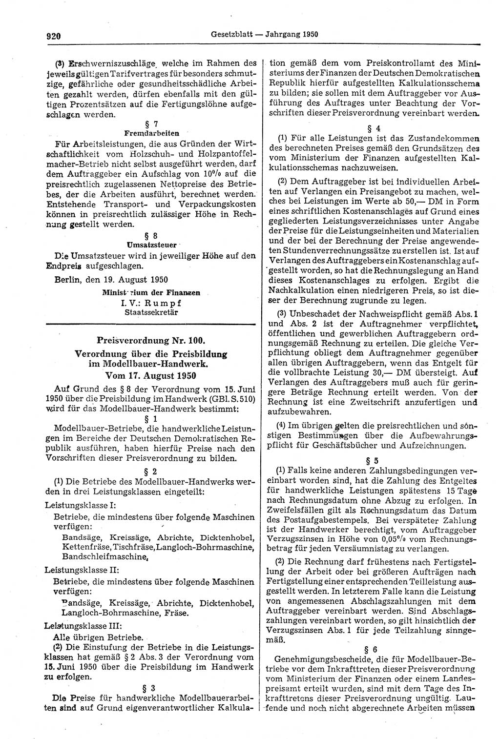 Gesetzblatt (GBl.) der Deutschen Demokratischen Republik (DDR) 1950, Seite 920 (GBl. DDR 1950, S. 920)