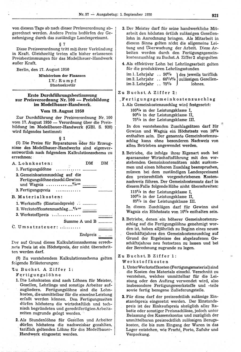 Gesetzblatt (GBl.) der Deutschen Demokratischen Republik (DDR) 1950, Seite 921 (GBl. DDR 1950, S. 921)
