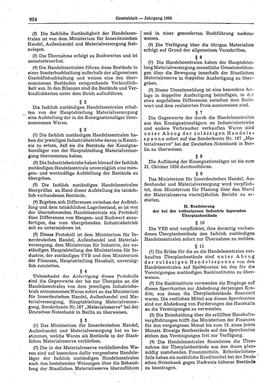 Gesetzblatt (GBl.) der Deutschen Demokratischen Republik (DDR) 1950, Seite 924 (GBl. DDR 1950, S. 924)