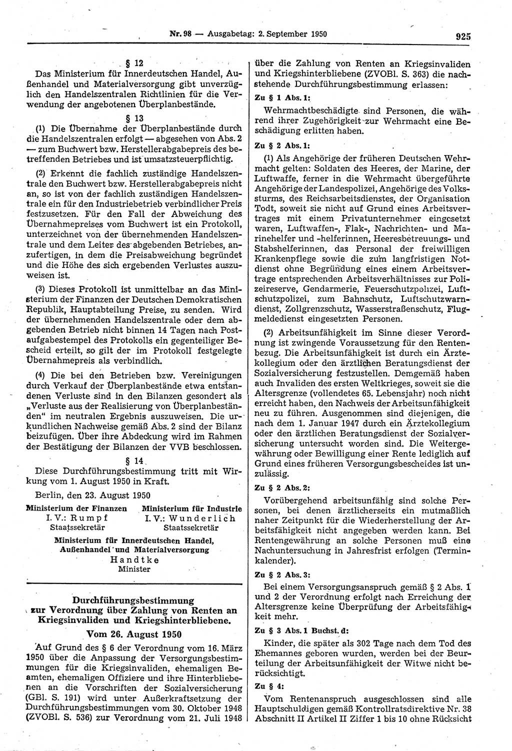 Gesetzblatt (GBl.) der Deutschen Demokratischen Republik (DDR) 1950, Seite 925 (GBl. DDR 1950, S. 925)
