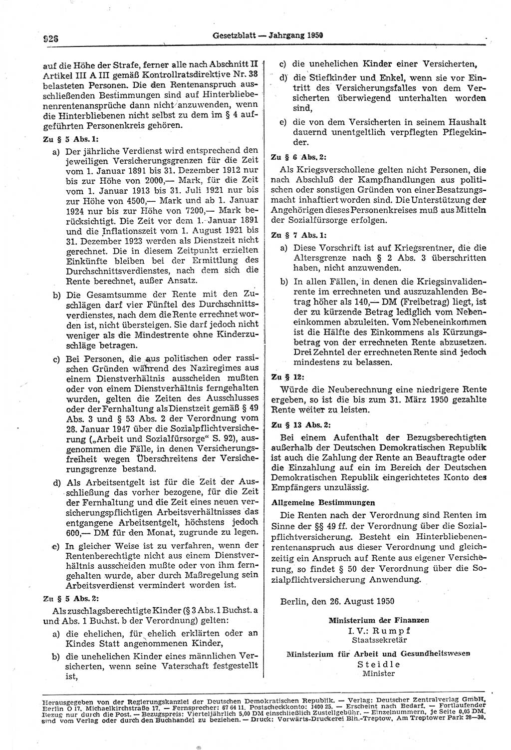 Gesetzblatt (GBl.) der Deutschen Demokratischen Republik (DDR) 1950, Seite 926 (GBl. DDR 1950, S. 926)