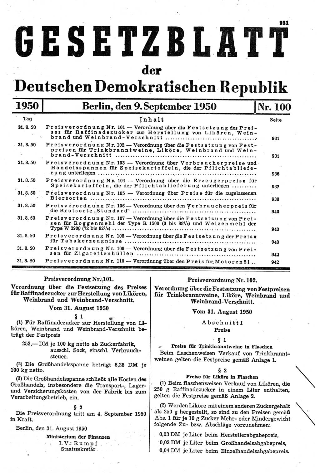 Gesetzblatt (GBl.) der Deutschen Demokratischen Republik (DDR) 1950, Seite 931 (GBl. DDR 1950, S. 931)