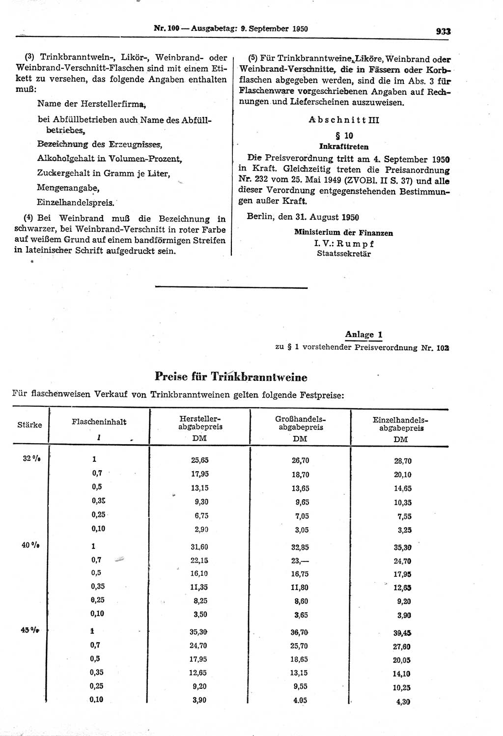 Gesetzblatt (GBl.) der Deutschen Demokratischen Republik (DDR) 1950, Seite 933 (GBl. DDR 1950, S. 933)