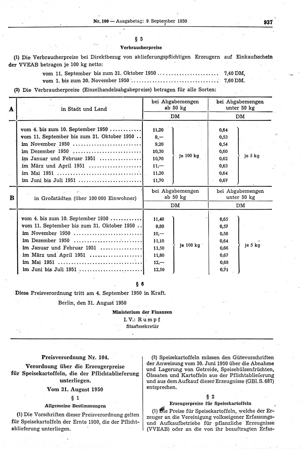 Gesetzblatt (GBl.) der Deutschen Demokratischen Republik (DDR) 1950, Seite 937 (GBl. DDR 1950, S. 937)