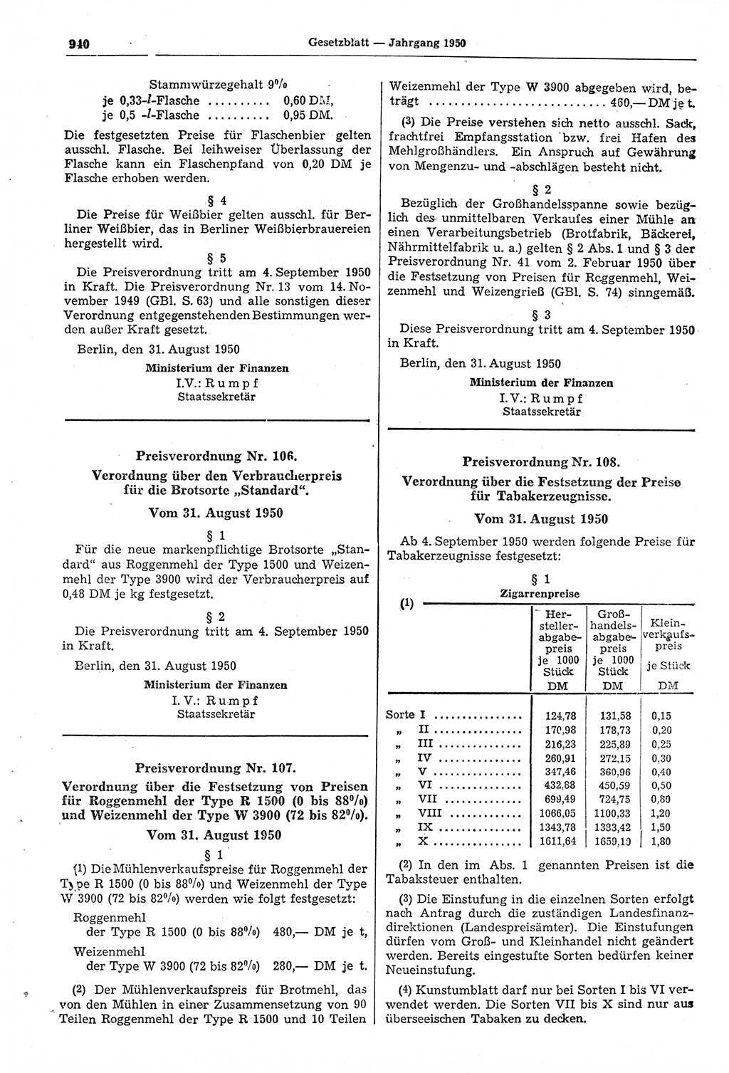 Gesetzblatt (GBl.) der Deutschen Demokratischen Republik (DDR) 1950, Seite 940 (GBl. DDR 1950, S. 940)