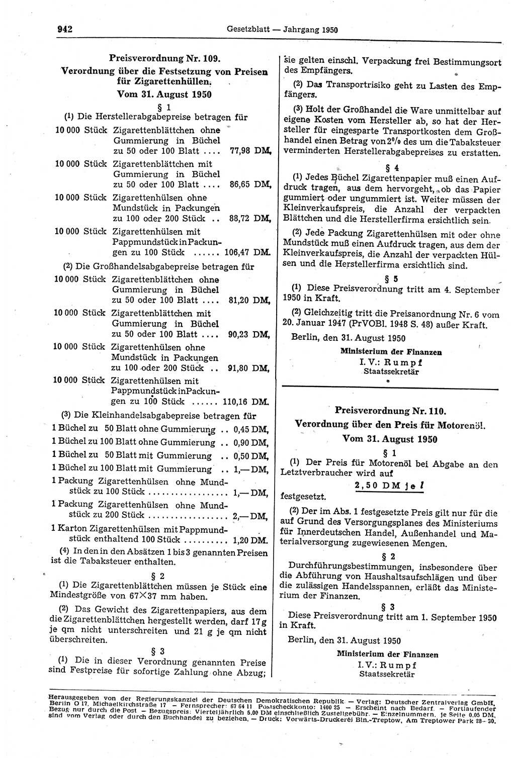 Gesetzblatt (GBl.) der Deutschen Demokratischen Republik (DDR) 1950, Seite 942 (GBl. DDR 1950, S. 942)