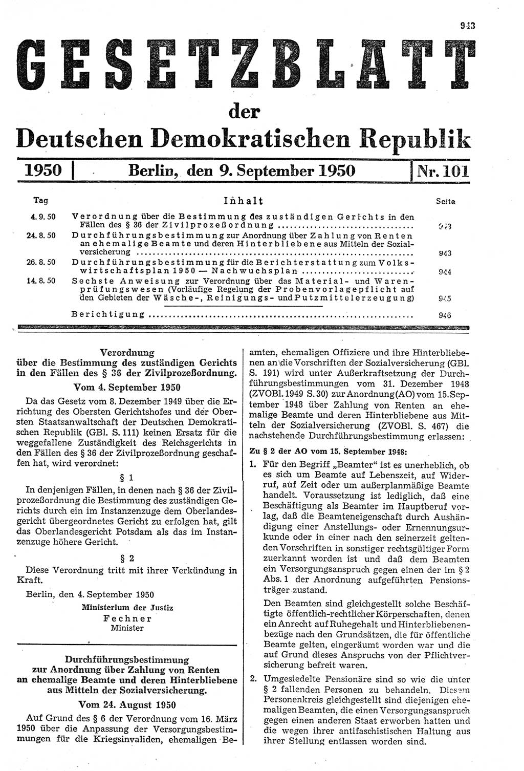 Gesetzblatt (GBl.) der Deutschen Demokratischen Republik (DDR) 1950, Seite 943 (GBl. DDR 1950, S. 943)