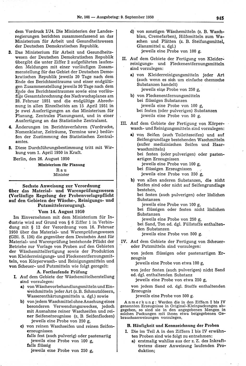 Gesetzblatt (GBl.) der Deutschen Demokratischen Republik (DDR) 1950, Seite 945 (GBl. DDR 1950, S. 945)