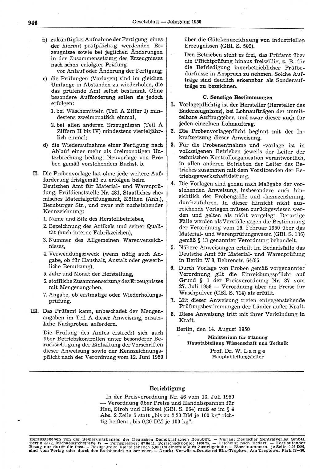 Gesetzblatt (GBl.) der Deutschen Demokratischen Republik (DDR) 1950, Seite 946 (GBl. DDR 1950, S. 946)
