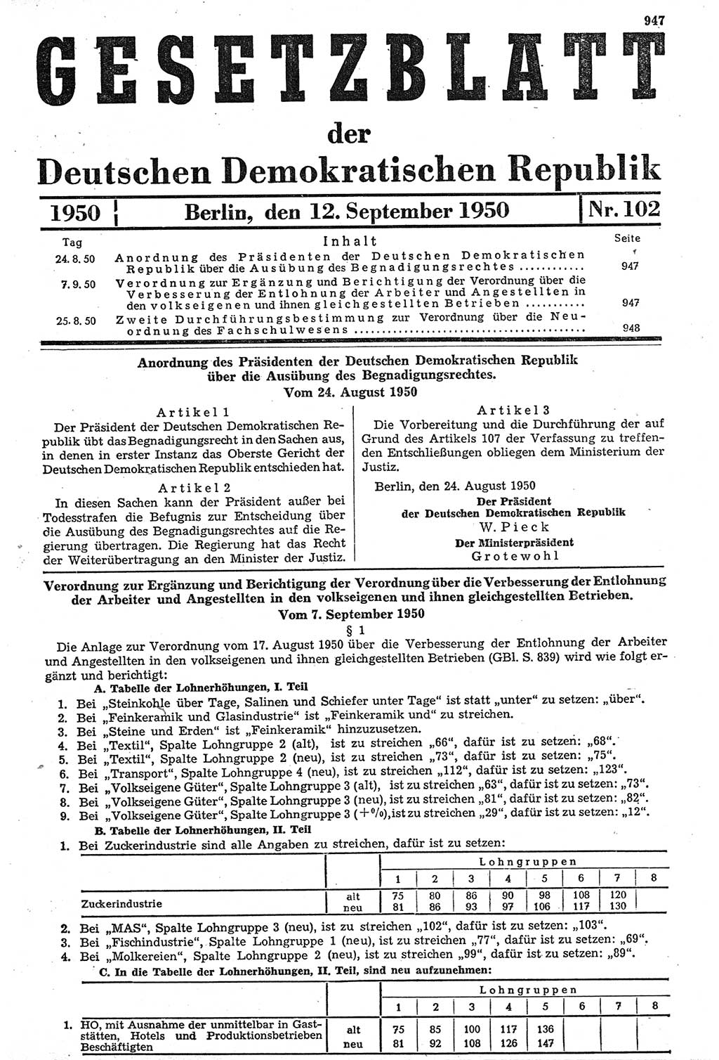 Gesetzblatt (GBl.) der Deutschen Demokratischen Republik (DDR) 1950, Seite 947 (GBl. DDR 1950, S. 947)
