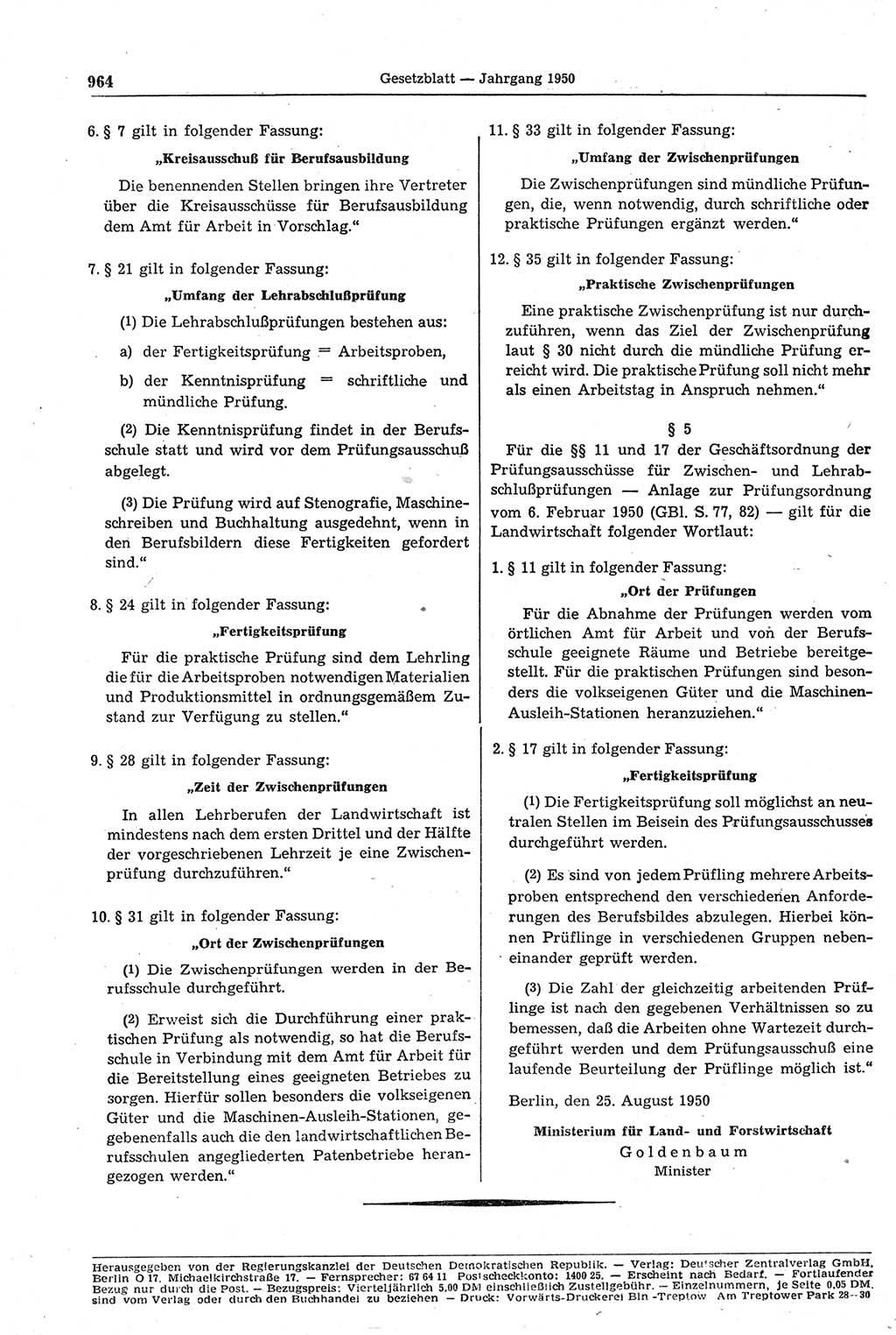 Gesetzblatt (GBl.) der Deutschen Demokratischen Republik (DDR) 1950, Seite 964 (GBl. DDR 1950, S. 964)