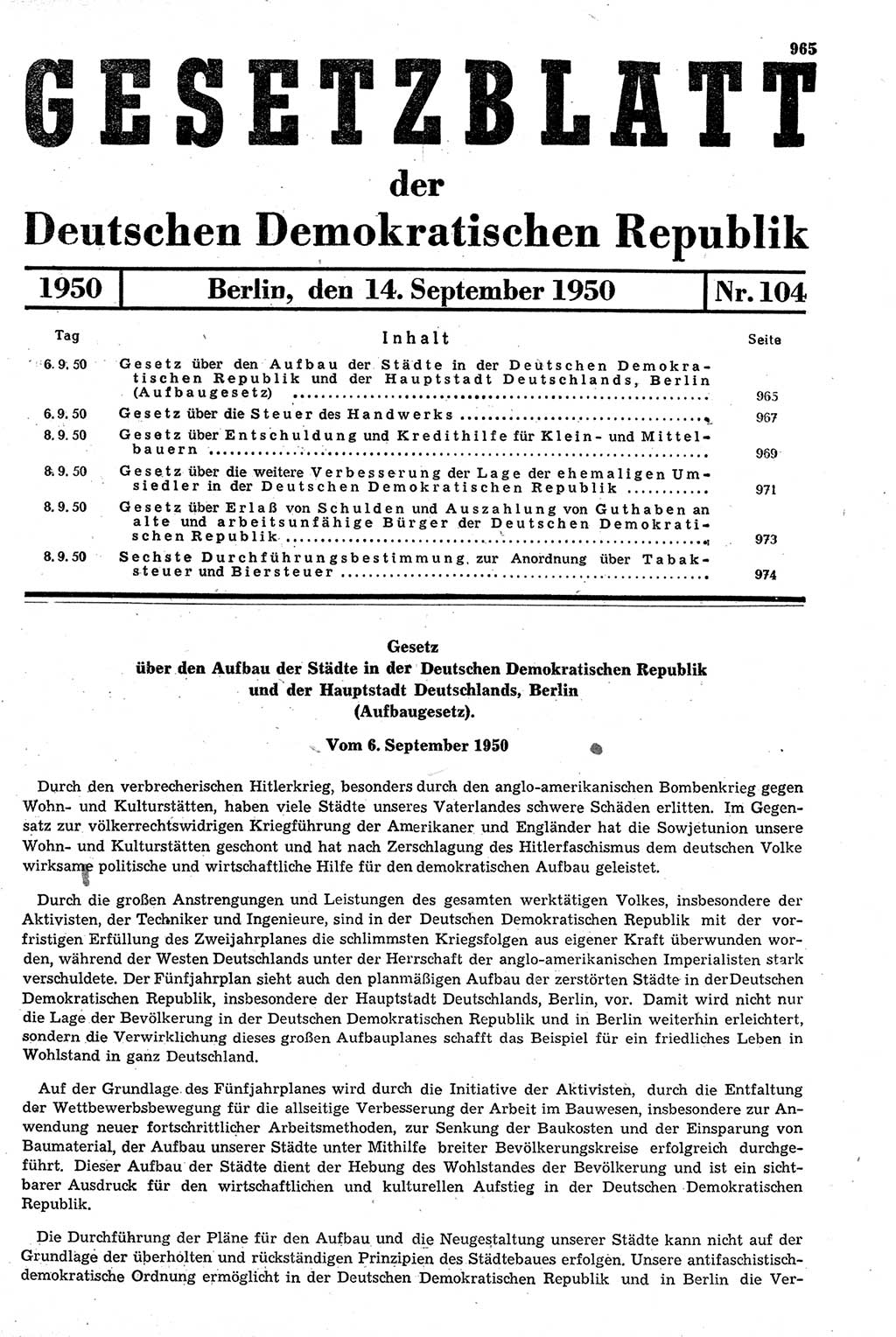 Gesetzblatt (GBl.) der Deutschen Demokratischen Republik (DDR) 1950, Seite 965 (GBl. DDR 1950, S. 965)