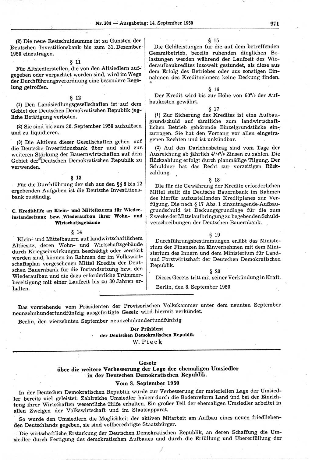 Gesetzblatt (GBl.) der Deutschen Demokratischen Republik (DDR) 1950, Seite 971 (GBl. DDR 1950, S. 971)