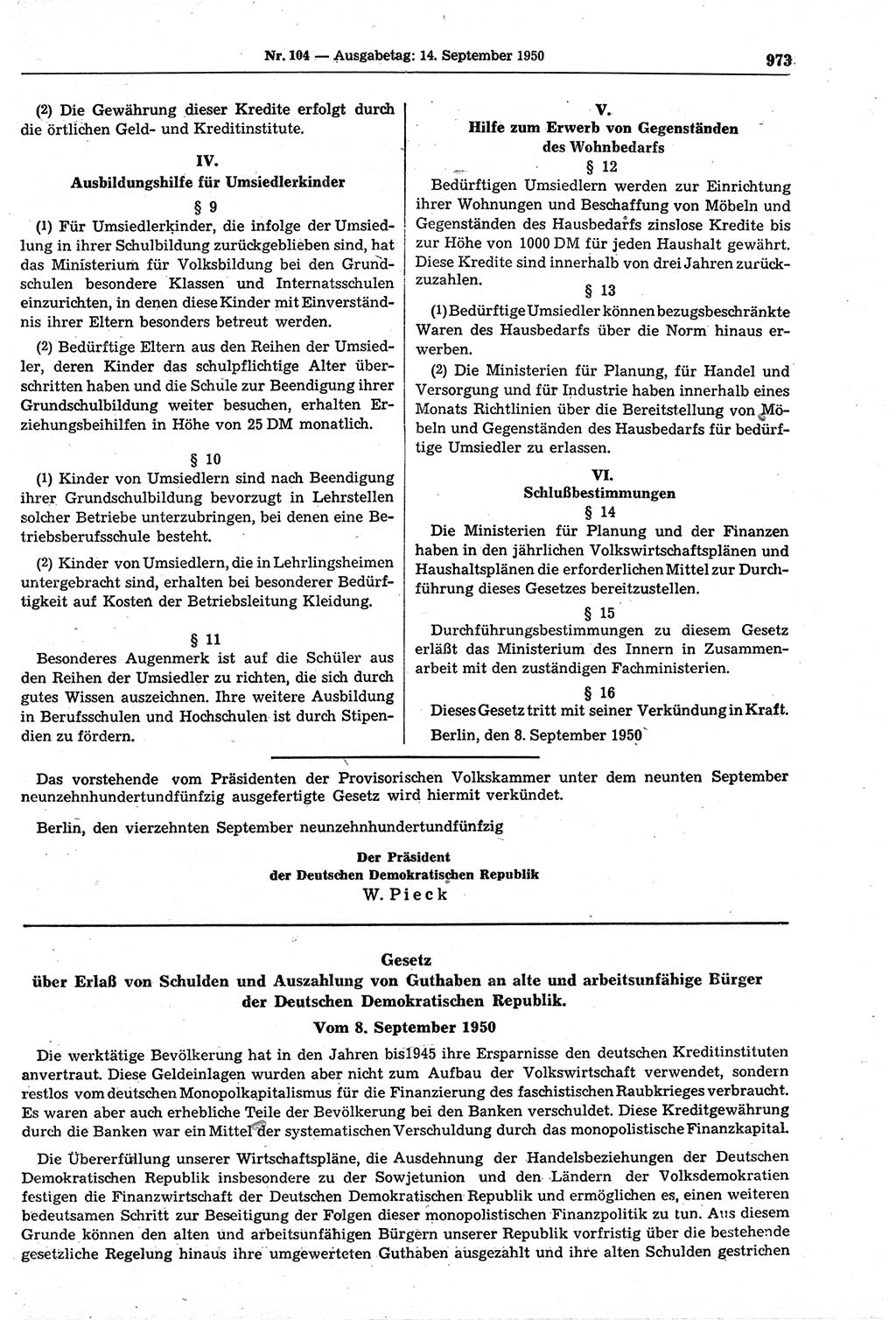 Gesetzblatt (GBl.) der Deutschen Demokratischen Republik (DDR) 1950, Seite 973 (GBl. DDR 1950, S. 973)