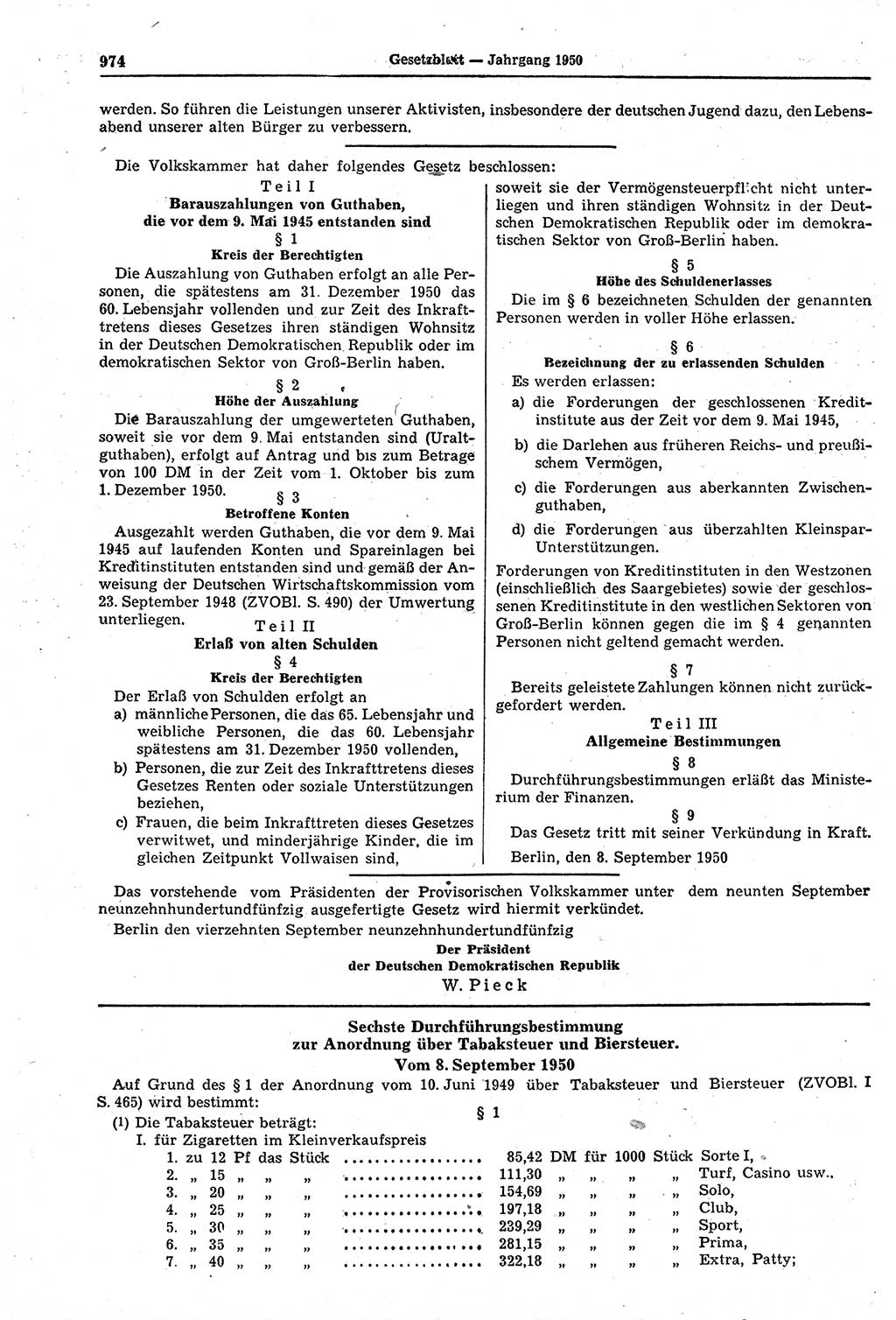Gesetzblatt (GBl.) der Deutschen Demokratischen Republik (DDR) 1950, Seite 974 (GBl. DDR 1950, S. 974)