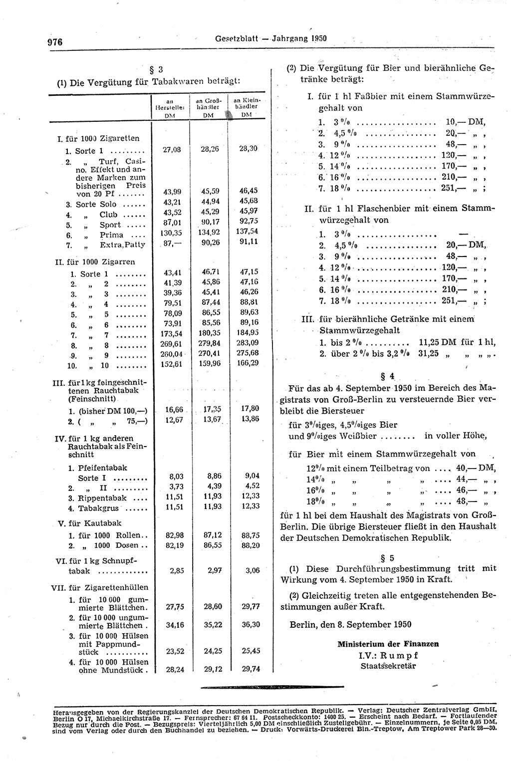 Gesetzblatt (GBl.) der Deutschen Demokratischen Republik (DDR) 1950, Seite 976 (GBl. DDR 1950, S. 976)
