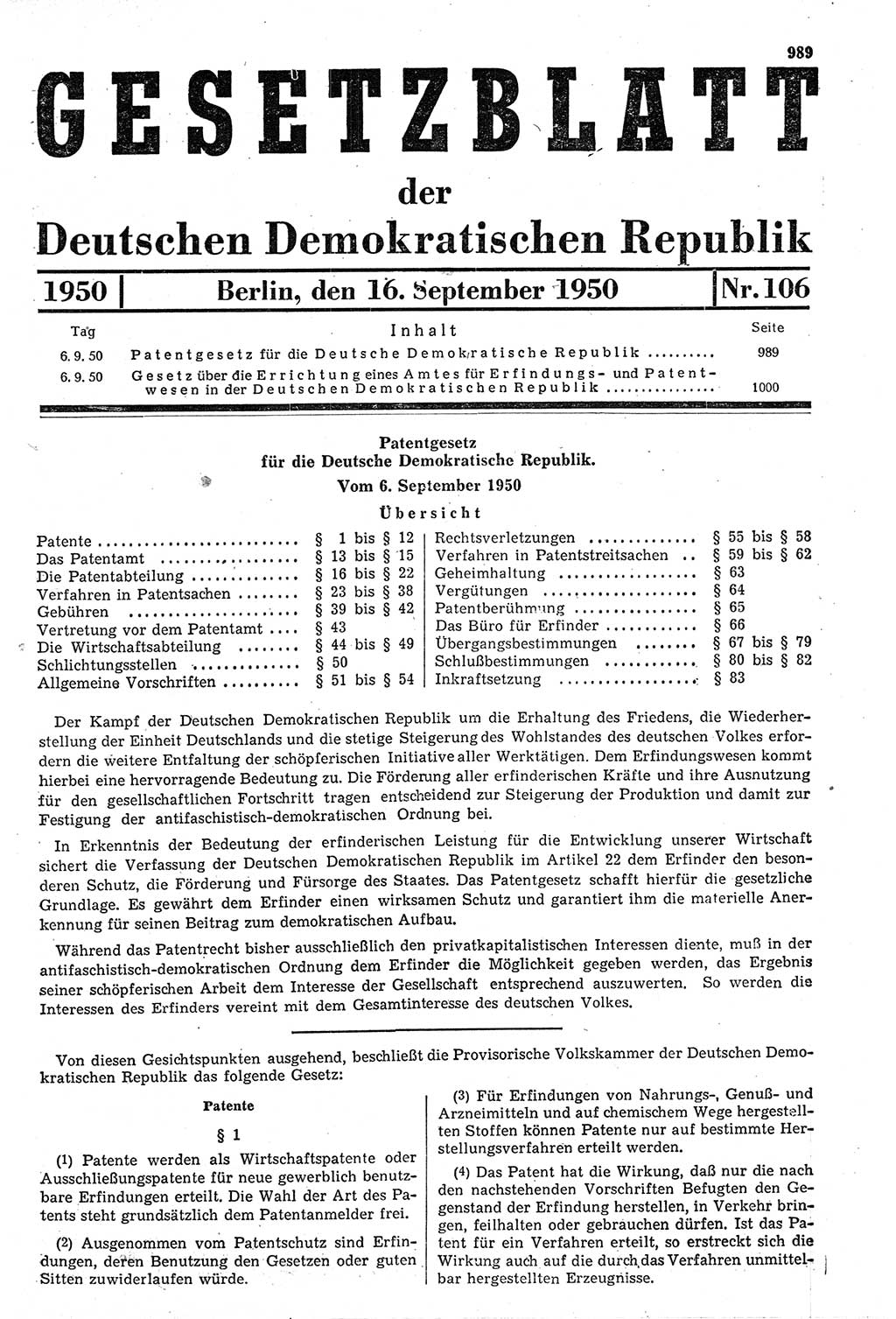 Gesetzblatt (GBl.) der Deutschen Demokratischen Republik (DDR) 1950, Seite 989 (GBl. DDR 1950, S. 989)