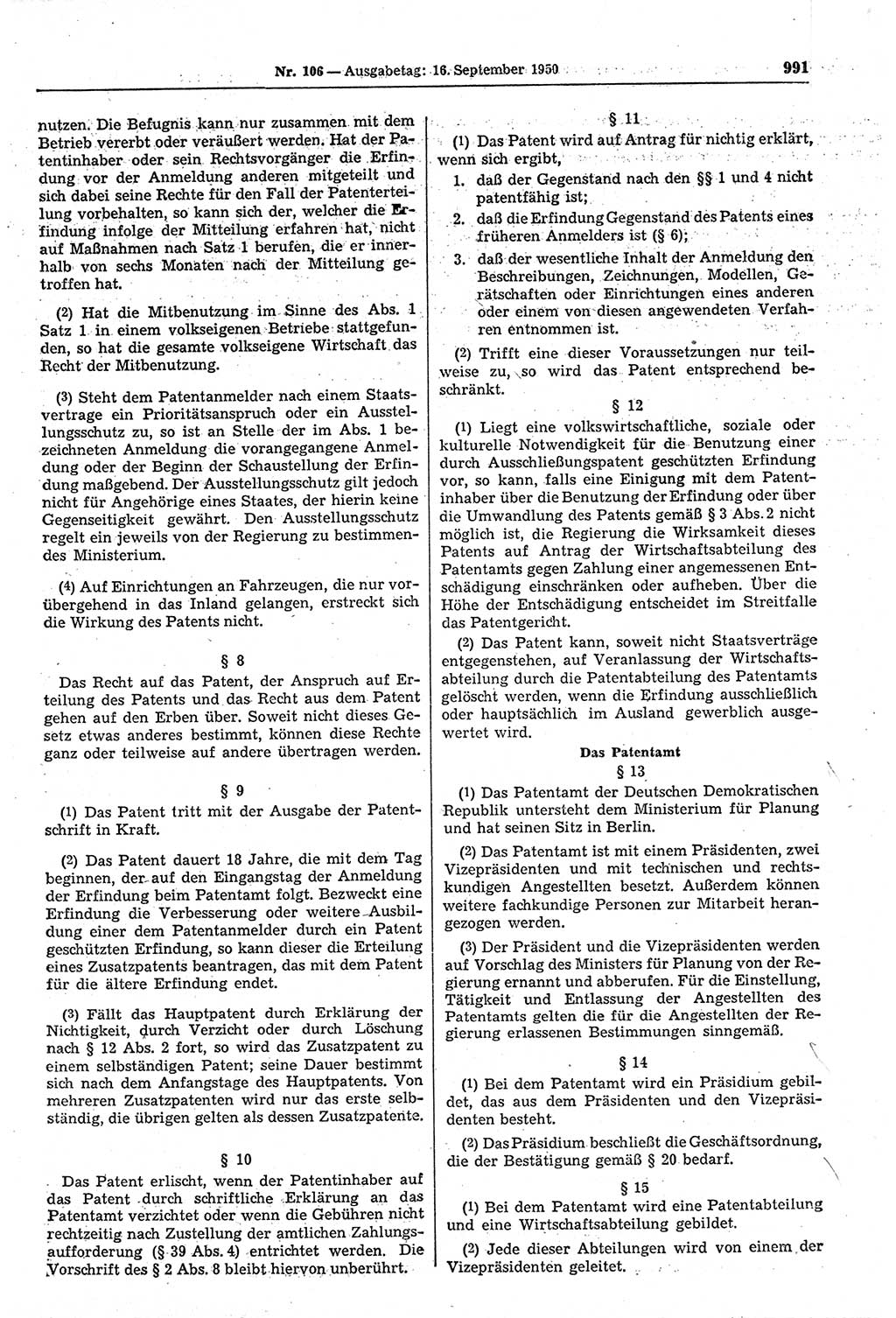 Gesetzblatt (GBl.) der Deutschen Demokratischen Republik (DDR) 1950, Seite 991 (GBl. DDR 1950, S. 991)