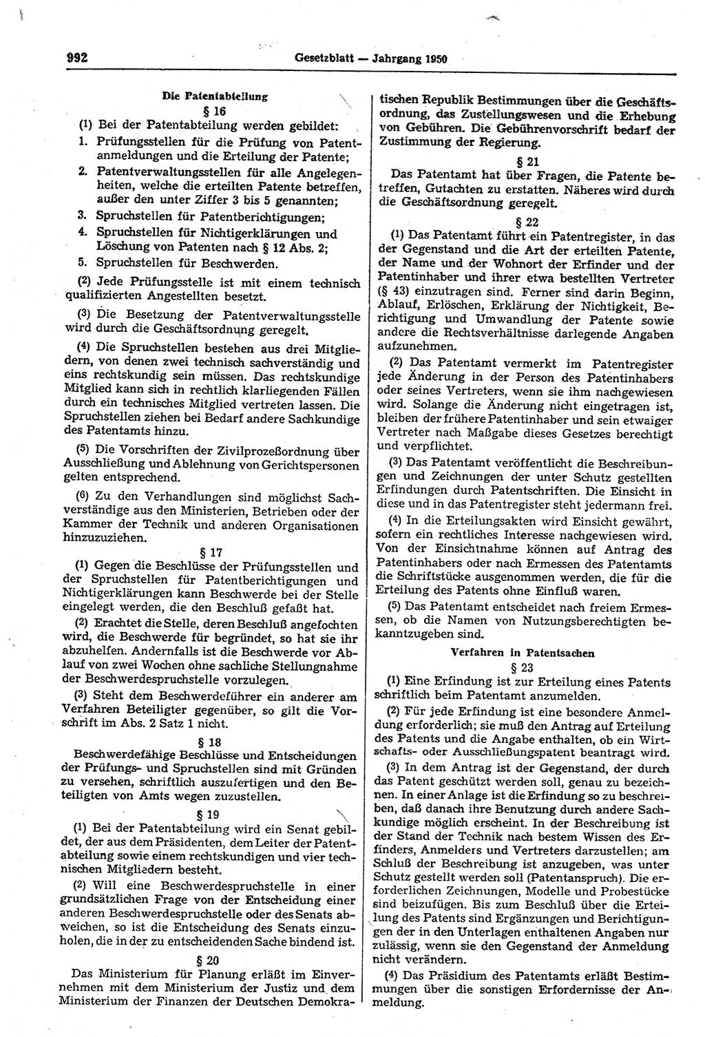 Gesetzblatt (GBl.) der Deutschen Demokratischen Republik (DDR) 1950, Seite 992 (GBl. DDR 1950, S. 992)