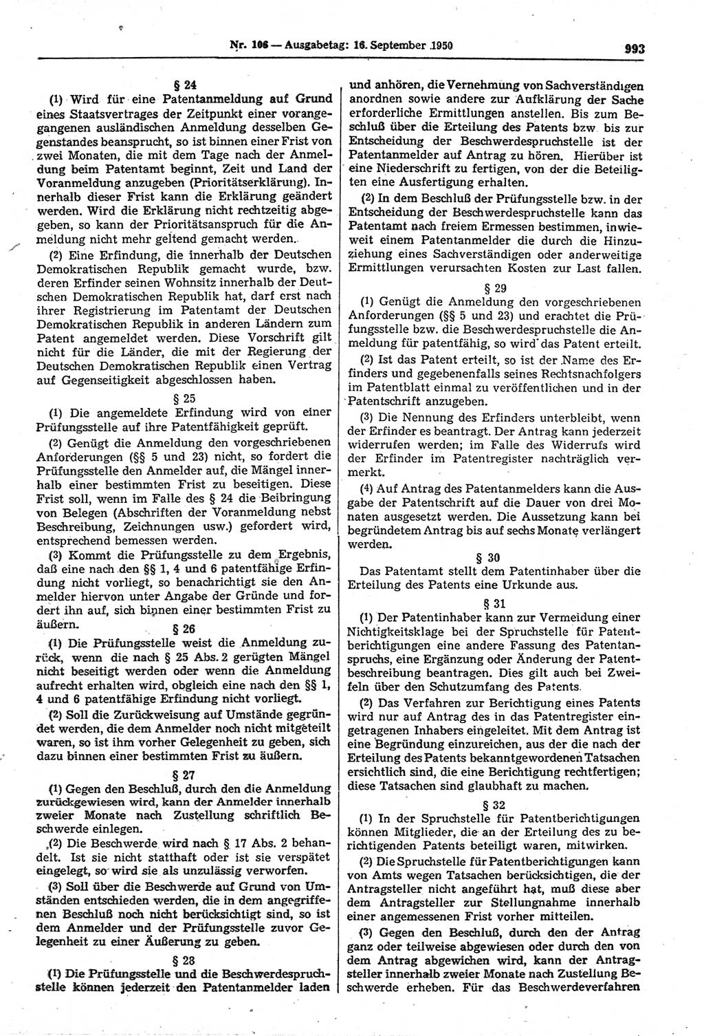 Gesetzblatt (GBl.) der Deutschen Demokratischen Republik (DDR) 1950, Seite 993 (GBl. DDR 1950, S. 993)