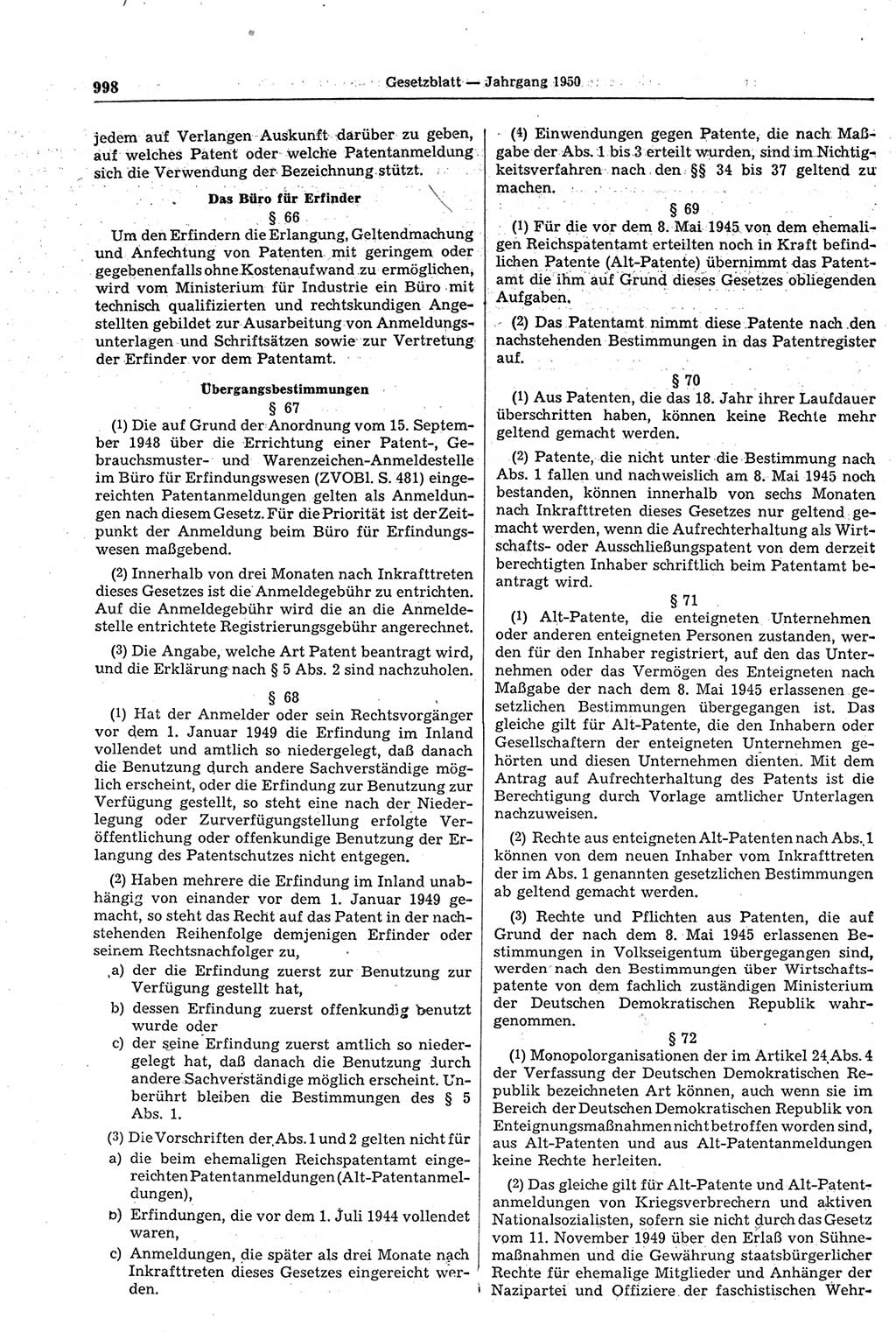Gesetzblatt (GBl.) der Deutschen Demokratischen Republik (DDR) 1950, Seite 998 (GBl. DDR 1950, S. 998)