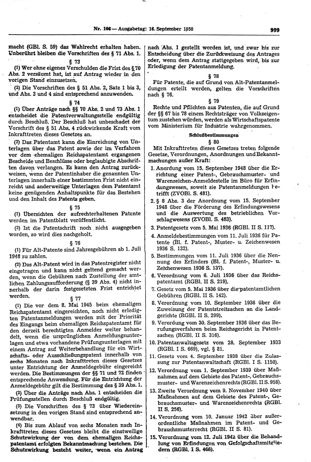Gesetzblatt (GBl.) der Deutschen Demokratischen Republik (DDR) 1950, Seite 999 (GBl. DDR 1950, S. 999)
