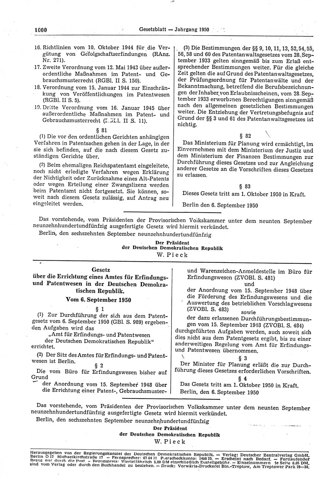Gesetzblatt (GBl.) der Deutschen Demokratischen Republik (DDR) 1950, Seite 1000 (GBl. DDR 1950, S. 1000)