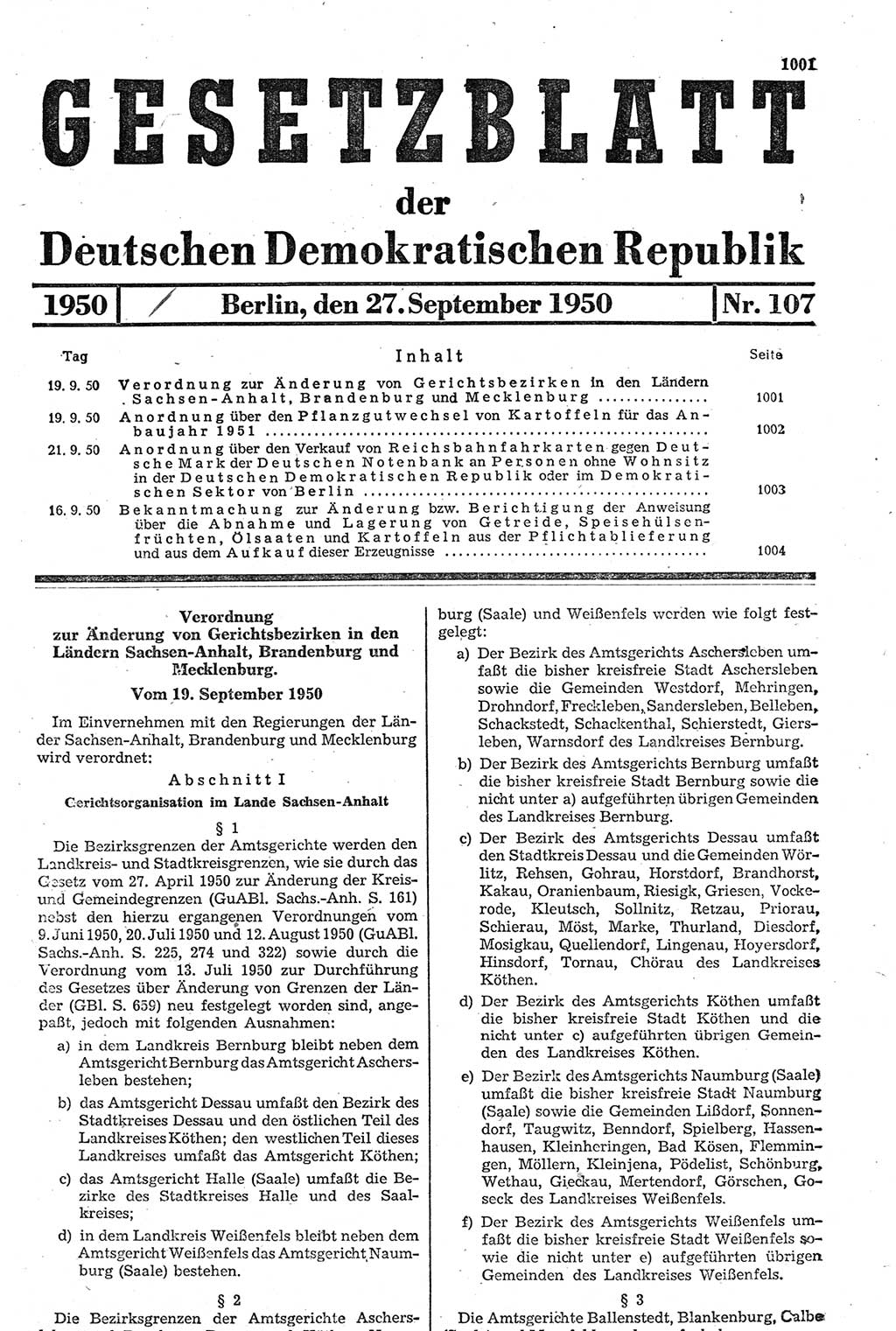 Gesetzblatt (GBl.) der Deutschen Demokratischen Republik (DDR) 1950, Seite 1001 (GBl. DDR 1950, S. 1001)