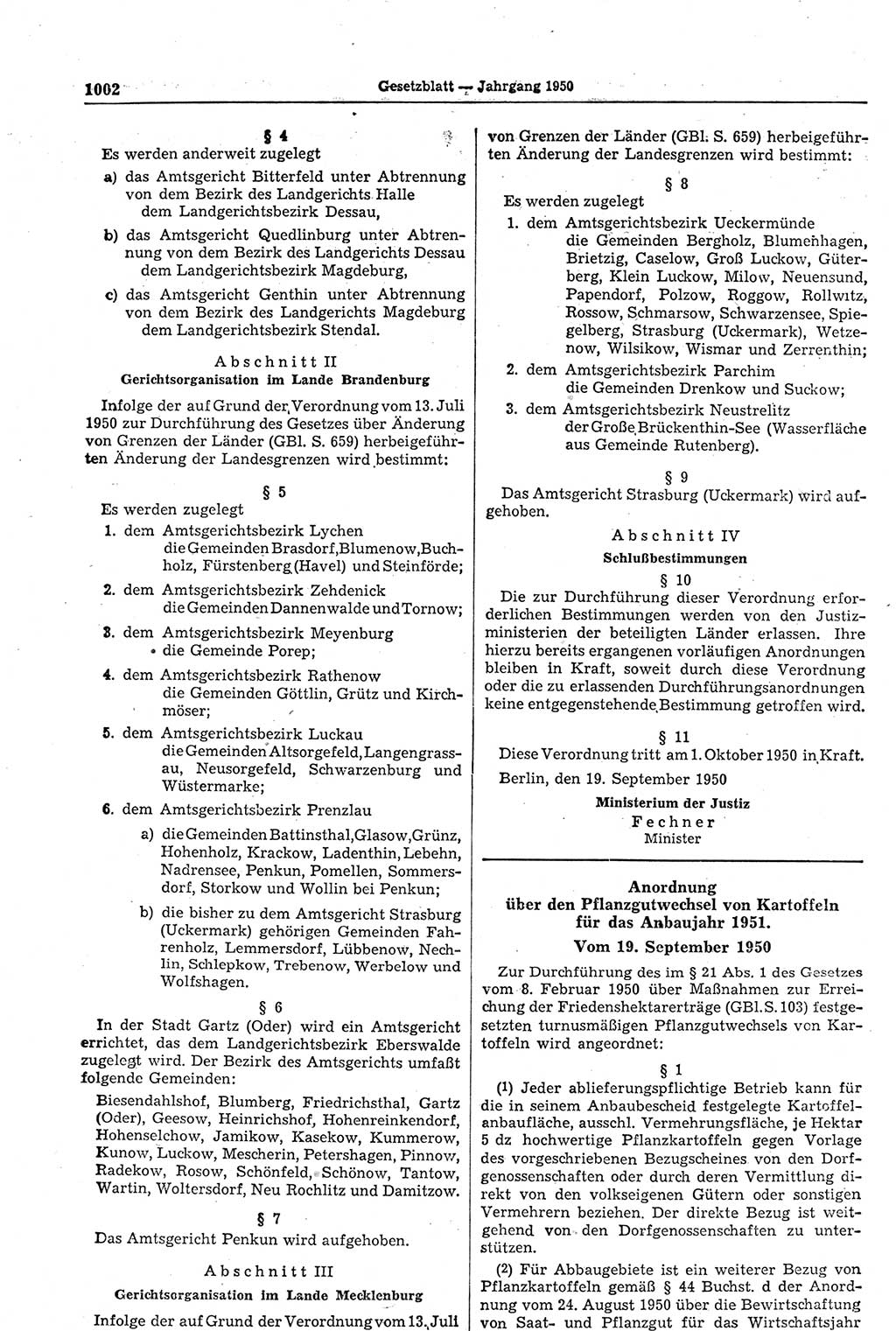 Gesetzblatt (GBl.) der Deutschen Demokratischen Republik (DDR) 1950, Seite 1002 (GBl. DDR 1950, S. 1002)