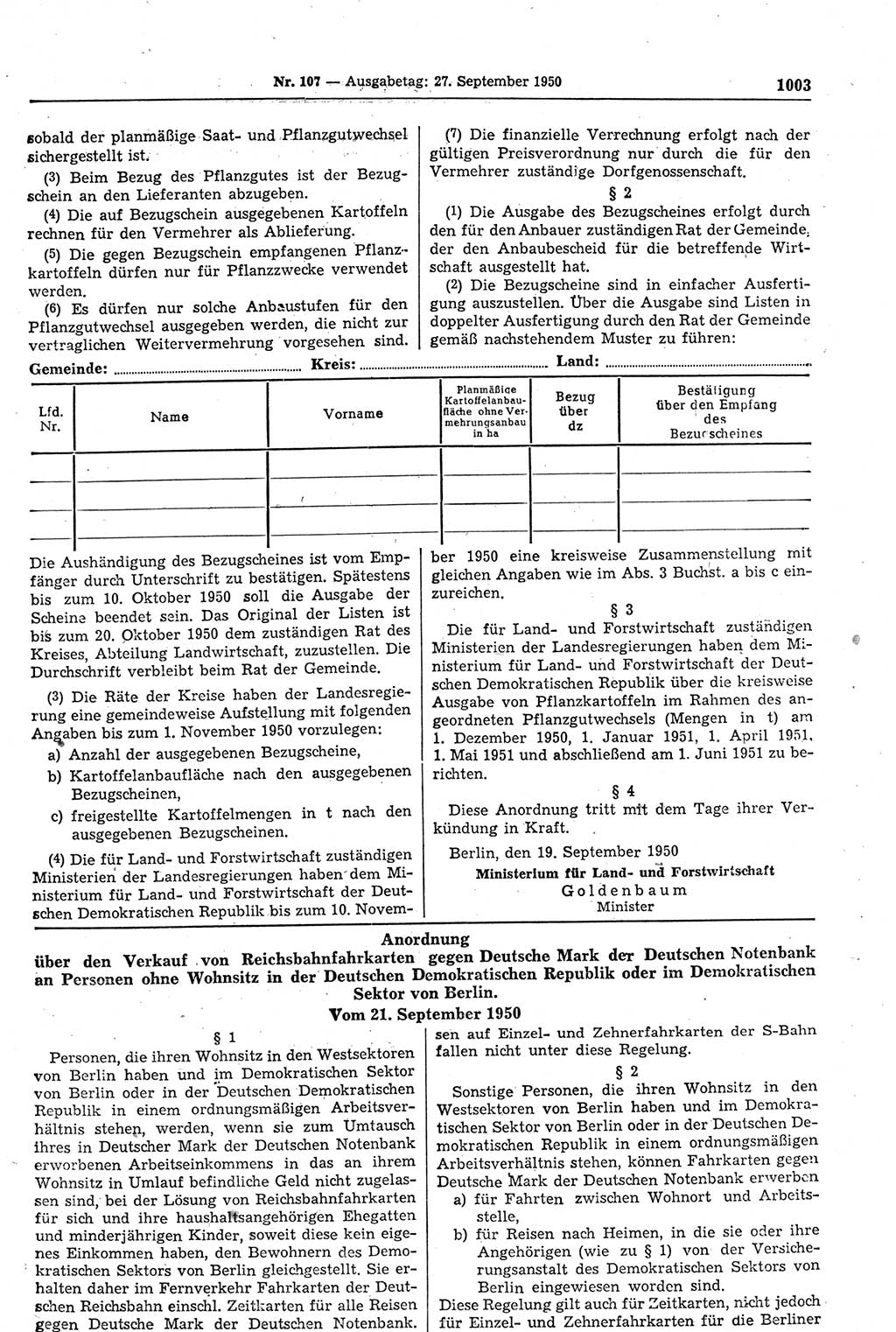 Gesetzblatt (GBl.) der Deutschen Demokratischen Republik (DDR) 1950, Seite 1003 (GBl. DDR 1950, S. 1003)