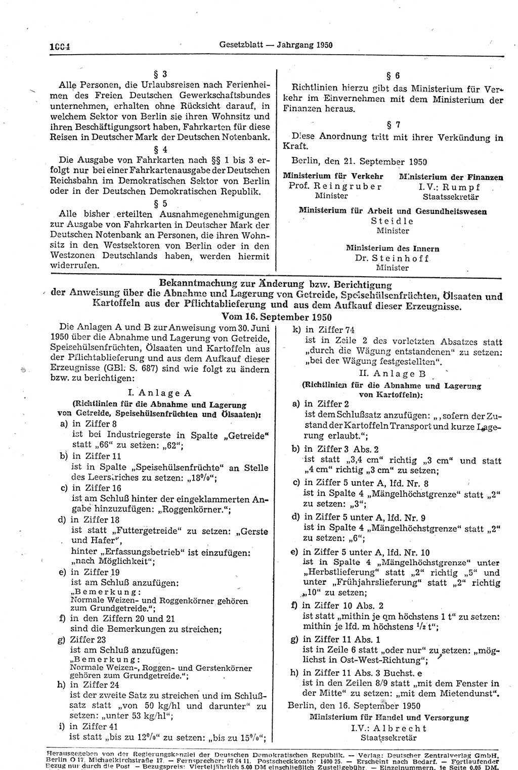 Gesetzblatt (GBl.) der Deutschen Demokratischen Republik (DDR) 1950, Seite 1004 (GBl. DDR 1950, S. 1004)