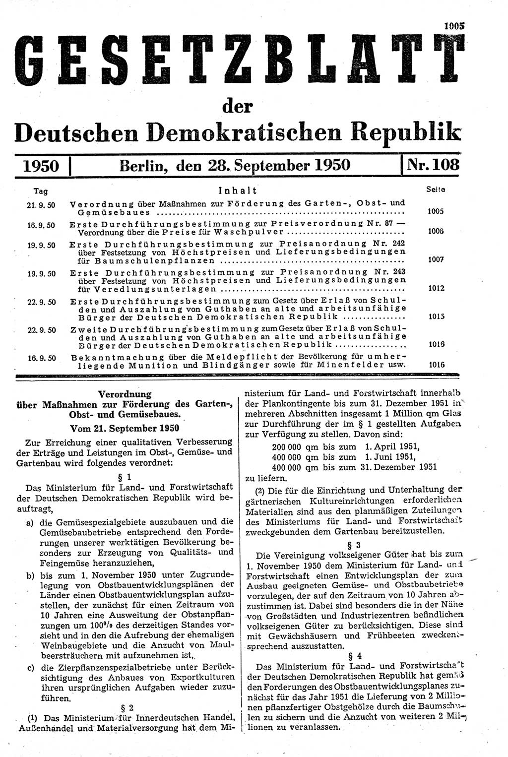 Gesetzblatt (GBl.) der Deutschen Demokratischen Republik (DDR) 1950, Seite 1005 (GBl. DDR 1950, S. 1005)