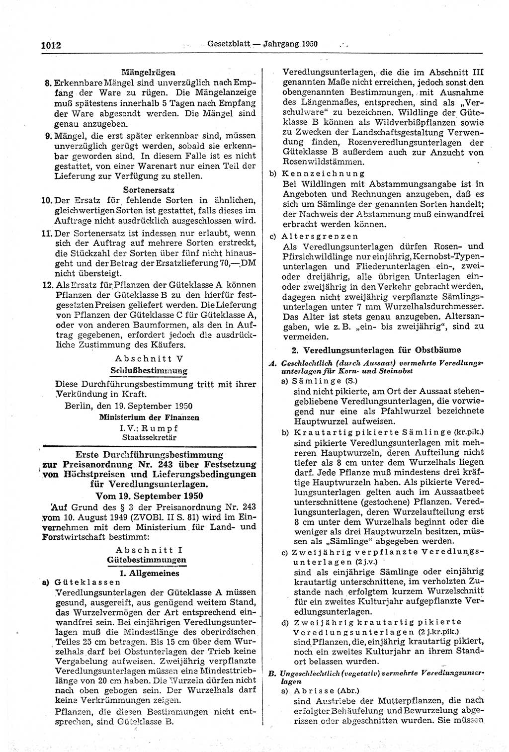 Gesetzblatt (GBl.) der Deutschen Demokratischen Republik (DDR) 1950, Seite 1012 (GBl. DDR 1950, S. 1012)