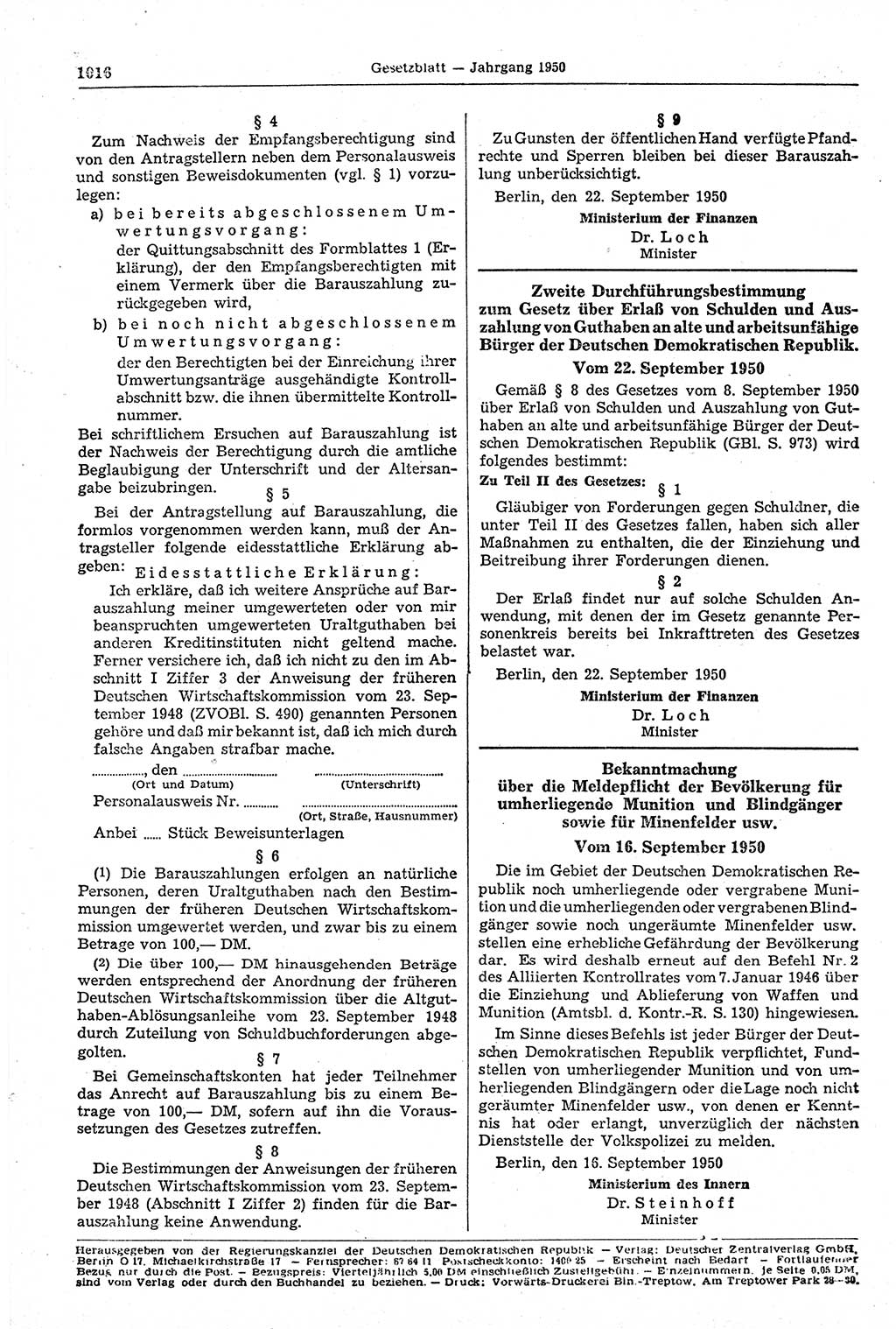 Gesetzblatt (GBl.) der Deutschen Demokratischen Republik (DDR) 1950, Seite 1016 (GBl. DDR 1950, S. 1016)