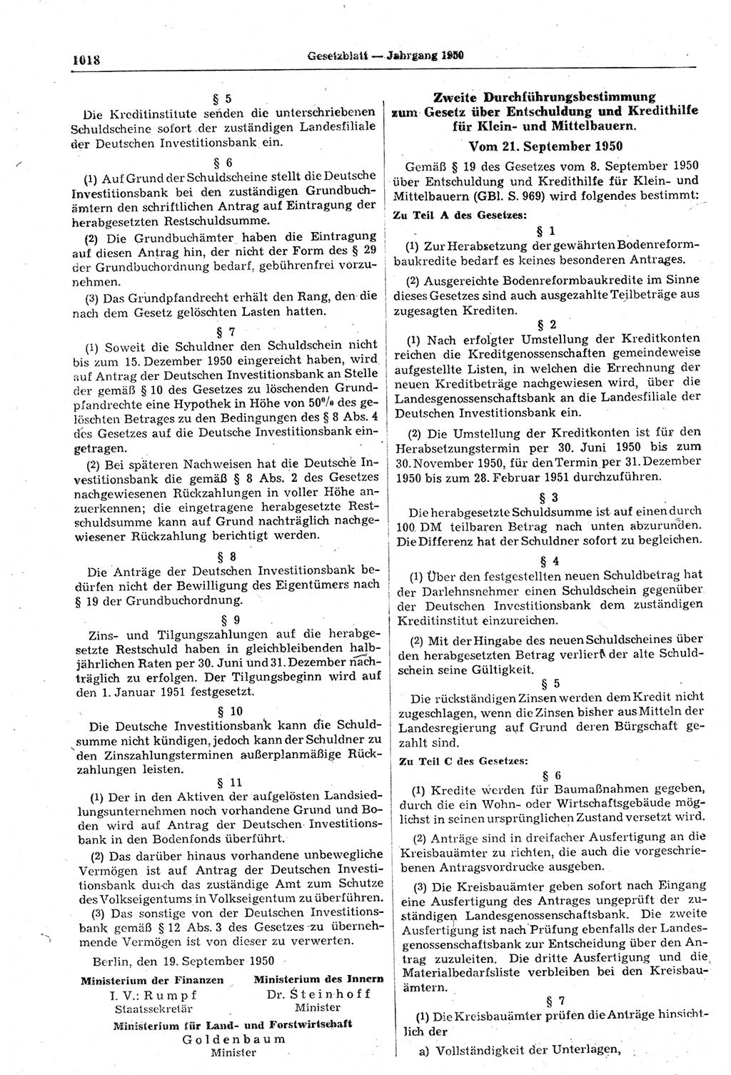 Gesetzblatt (GBl.) der Deutschen Demokratischen Republik (DDR) 1950, Seite 1018 (GBl. DDR 1950, S. 1018)
