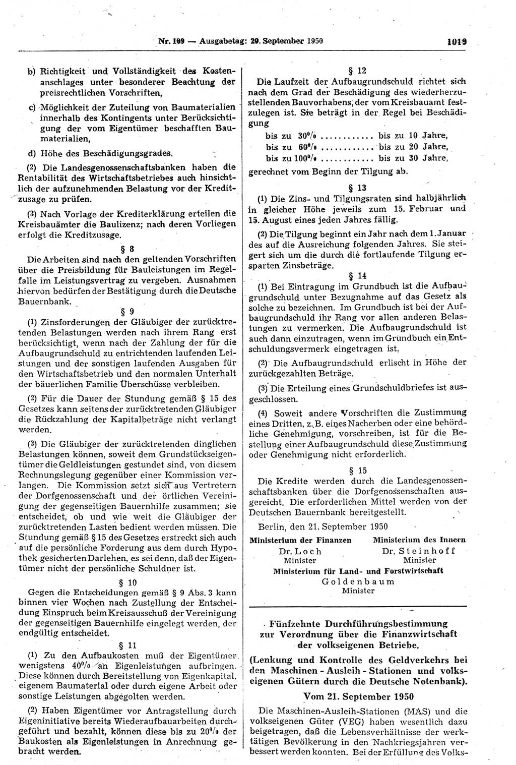Gesetzblatt (GBl.) der Deutschen Demokratischen Republik (DDR) 1950, Seite 1019 (GBl. DDR 1950, S. 1019)