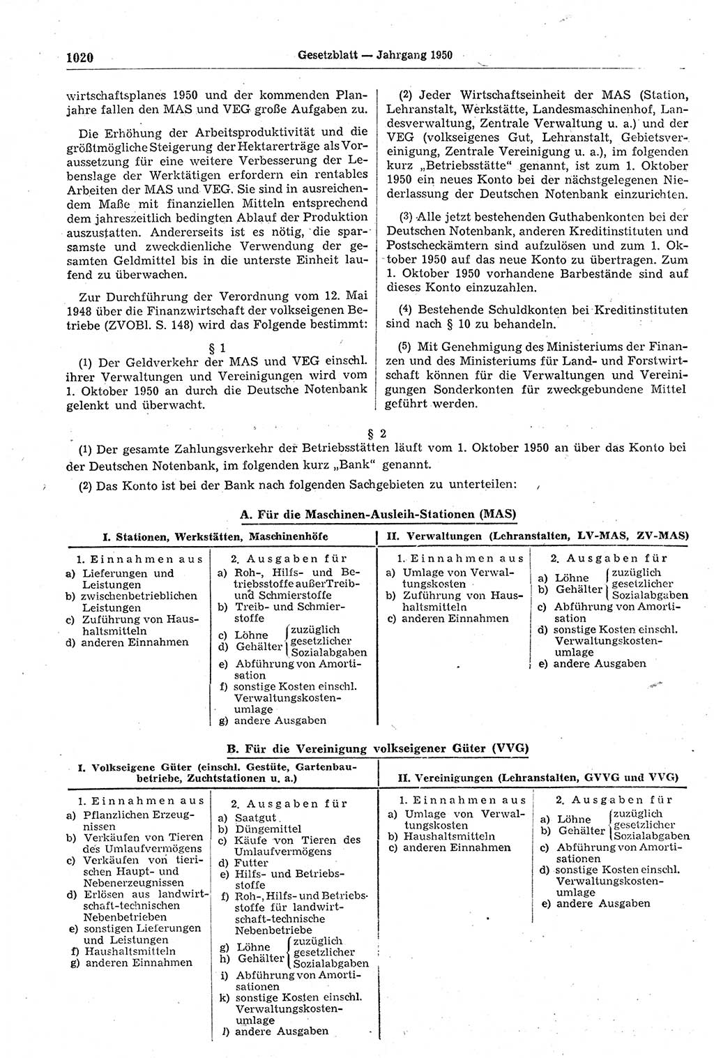 Gesetzblatt (GBl.) der Deutschen Demokratischen Republik (DDR) 1950, Seite 1020 (GBl. DDR 1950, S. 1020)