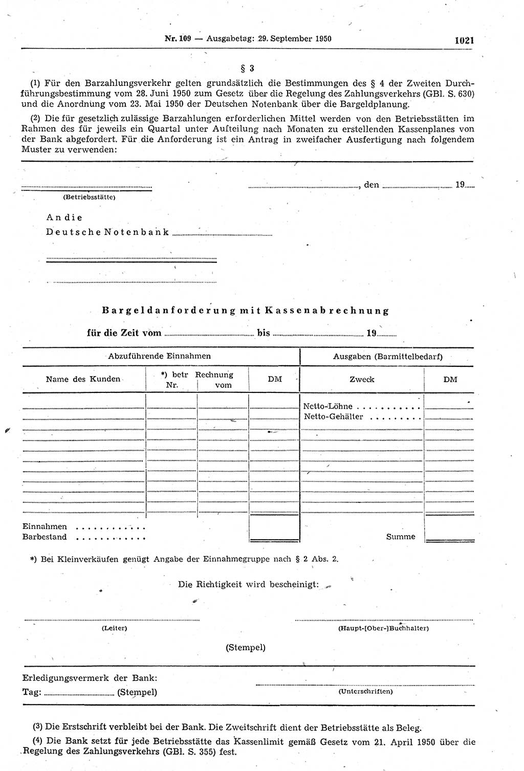 Gesetzblatt (GBl.) der Deutschen Demokratischen Republik (DDR) 1950, Seite 1021 (GBl. DDR 1950, S. 1021)