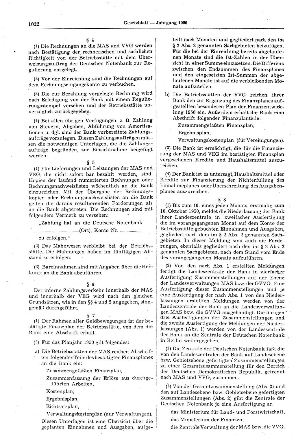Gesetzblatt (GBl.) der Deutschen Demokratischen Republik (DDR) 1950, Seite 1022 (GBl. DDR 1950, S. 1022)