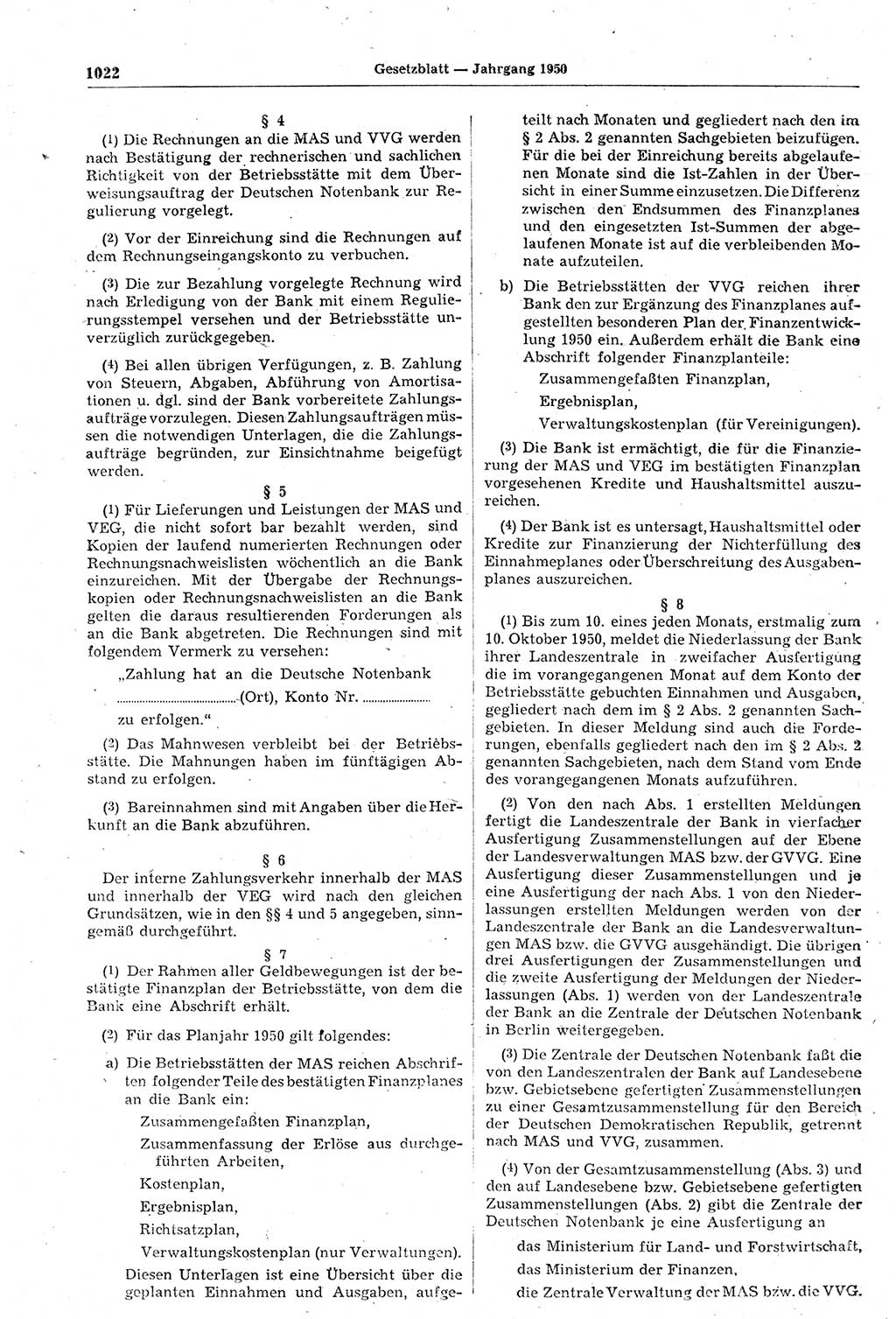 Gesetzblatt (GBl.) der Deutschen Demokratischen Republik (DDR) 1950, Seite 1022 (GBl. DDR 1950, S. 1022)