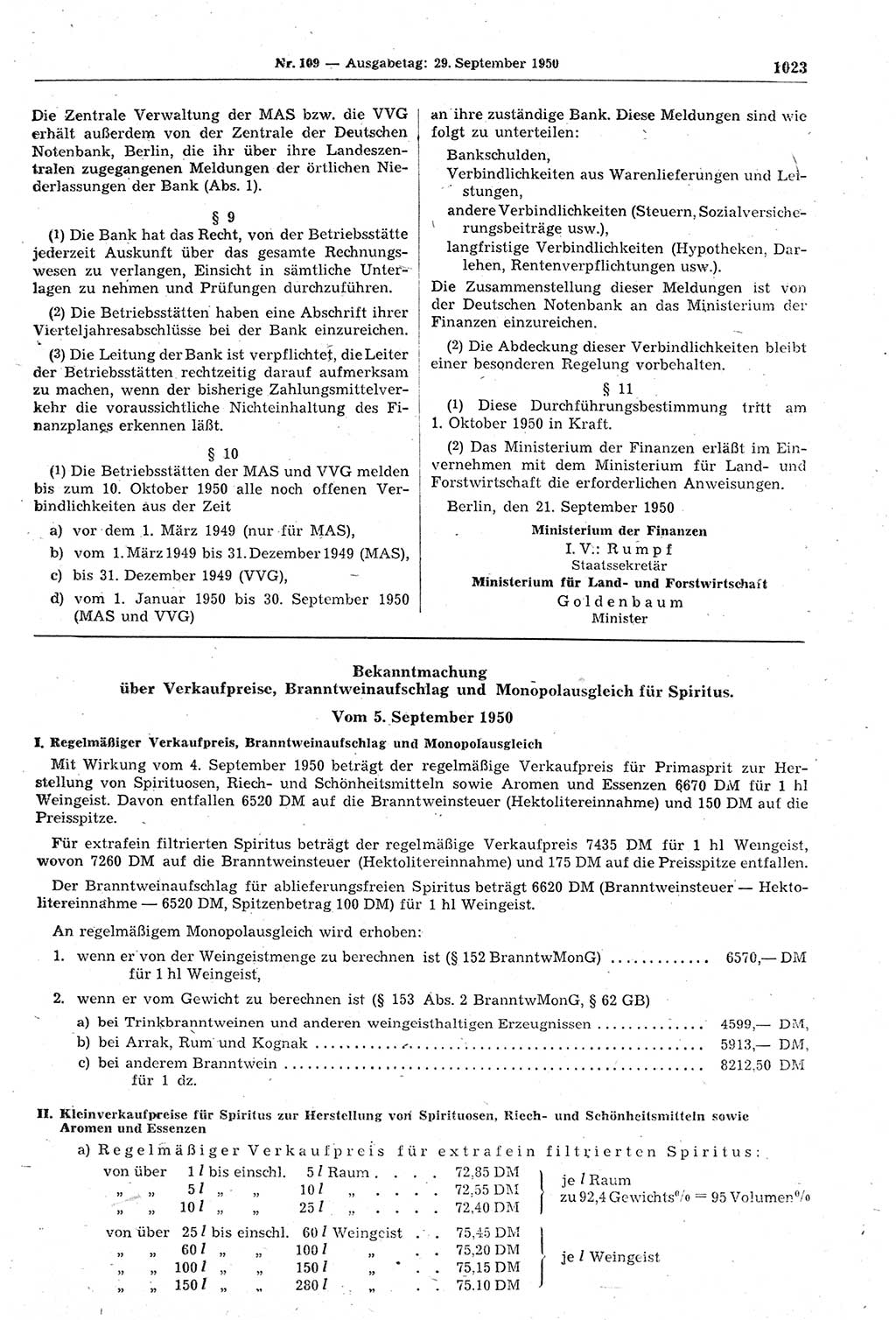 Gesetzblatt (GBl.) der Deutschen Demokratischen Republik (DDR) 1950, Seite 1023 (GBl. DDR 1950, S. 1023)