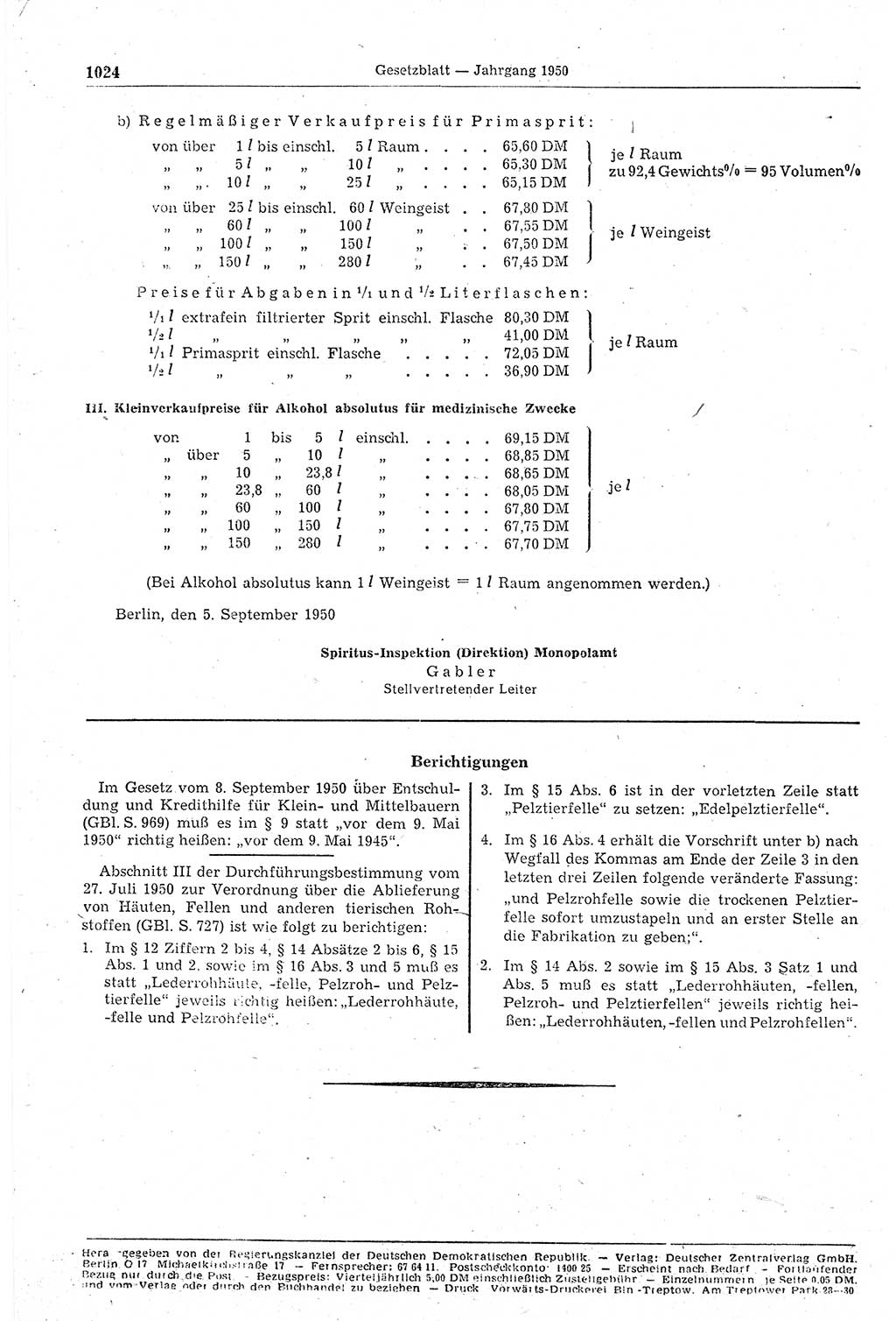 Gesetzblatt (GBl.) der Deutschen Demokratischen Republik (DDR) 1950, Seite 1024 (GBl. DDR 1950, S. 1024)