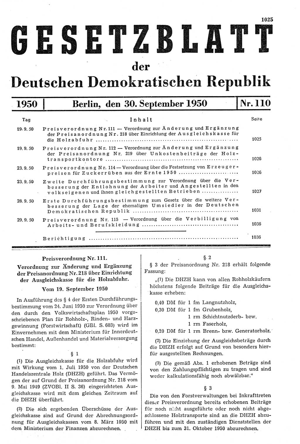 Gesetzblatt (GBl.) der Deutschen Demokratischen Republik (DDR) 1950, Seite 1025 (GBl. DDR 1950, S. 1025)