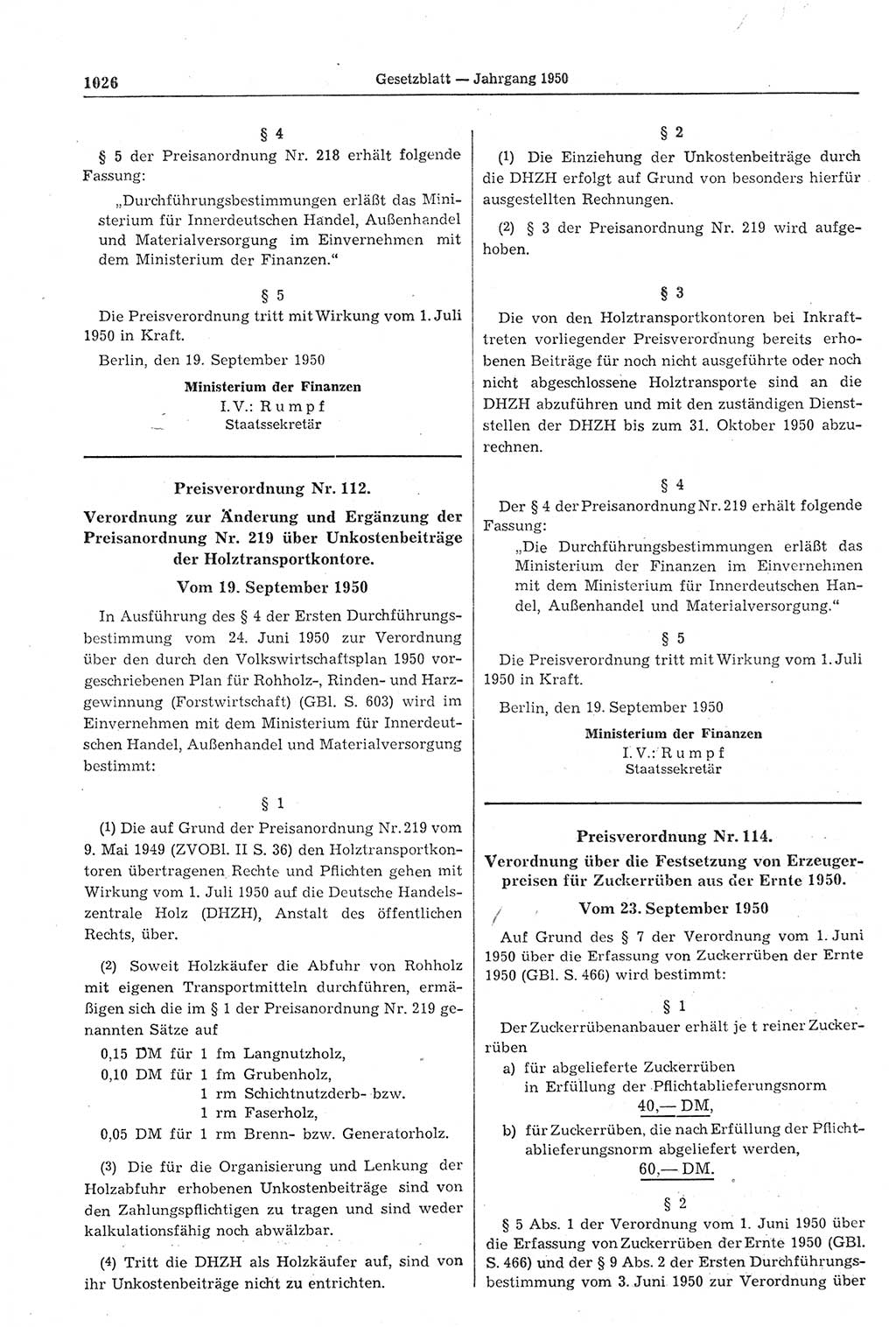 Gesetzblatt (GBl.) der Deutschen Demokratischen Republik (DDR) 1950, Seite 1026 (GBl. DDR 1950, S. 1026)