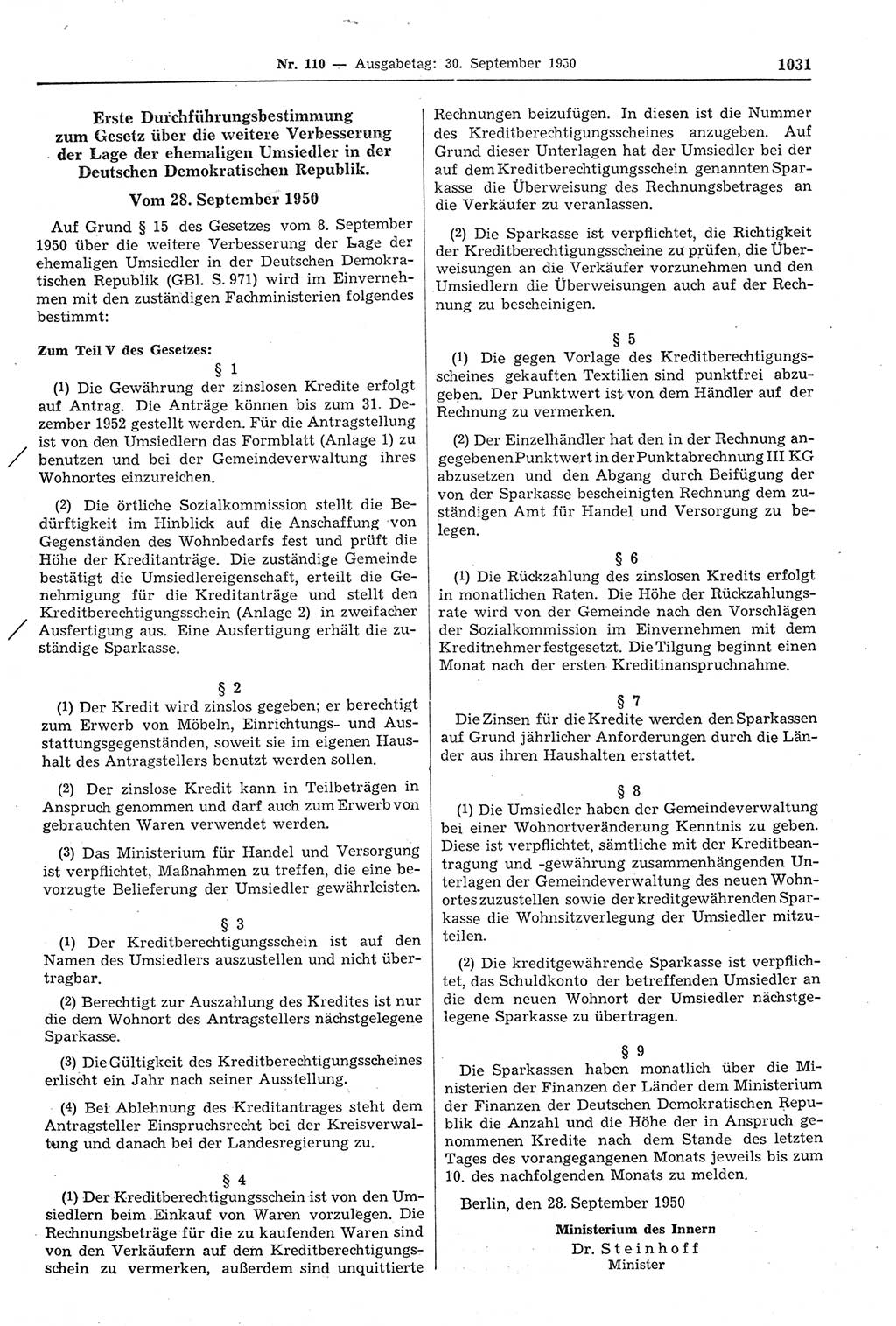 Gesetzblatt (GBl.) der Deutschen Demokratischen Republik (DDR) 1950, Seite 1031 (GBl. DDR 1950, S. 1031)